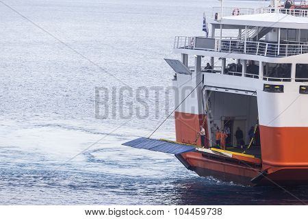 Adamantios Korais Ship Leaves From The Harbor From Naxos, In Greece.