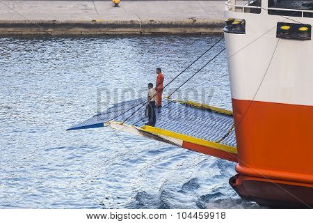 Adamantios Korais Ship Leaves From The Harbor From Naxos, In Greece.