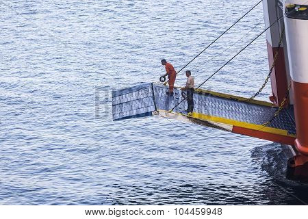 Adamantios Korais Ship Leaves From The Harbor From Naxos, In Greece.
