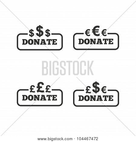 Donate money signs. Dollar, euro and pounds.