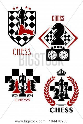 Chess game icons with chessmen and timer
