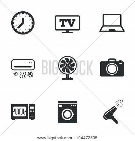 Home appliances, device icons. Electronics sign.
