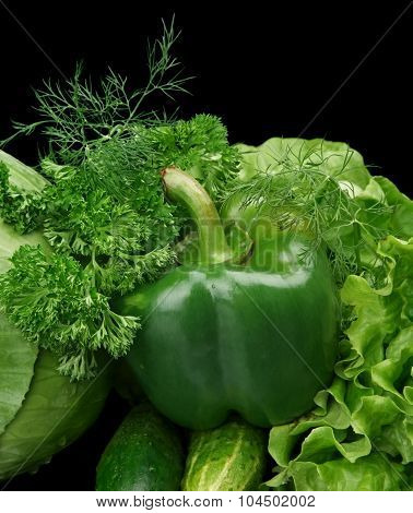 Set Of Green Vegetables-lettuce,bell Pepper,dill On Black At The Bottom