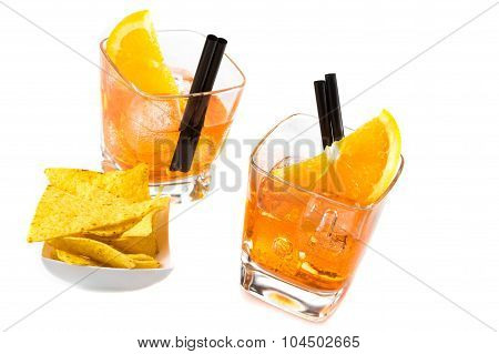 Top Of View Of Two Glasses Of Spritz Aperitif Aperol Cocktail With Orange Slices And Ice Cubes