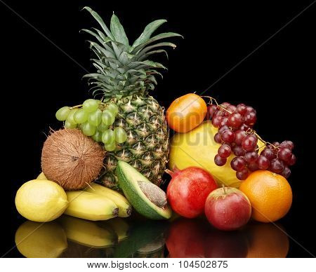 Group Of Many Fruits-grapes,pomegranate,avocado Isolated On Black With Reflection