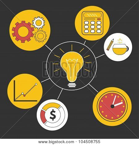 Business idea infographics template. Creative background with clock, lamp, calculator, statistics