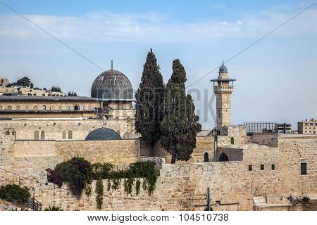 Walls of ancient Jerusalem.  Bright sunny autumn morning