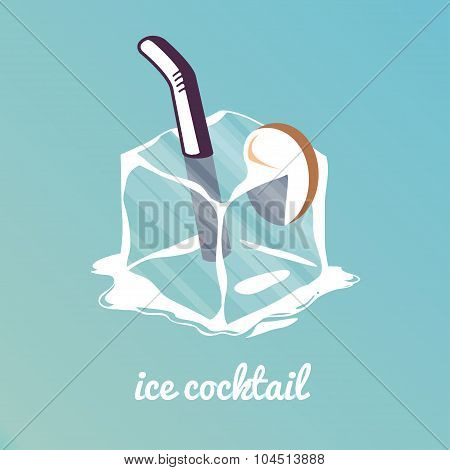 Illustration of ice cubes for a cocktail with a straw and lemon slice.