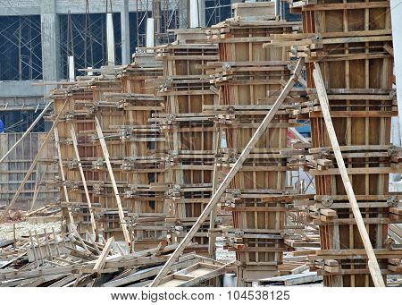 Timber column form work under construction at the construction site