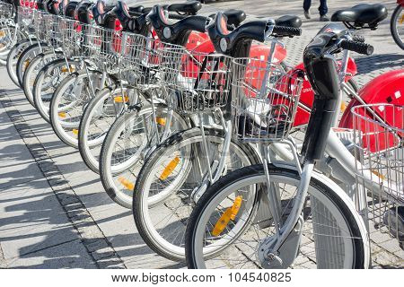 Lyon, France - On April 15, 2015 - Shared Bikes Are Lined Up In The Streets Of Lyons, France. Velo'v