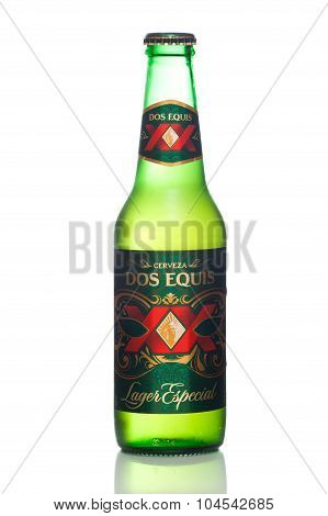 MIAMI, USA - JAN 19, 2015: A single Bottle of Dos Equis Lager Especial.