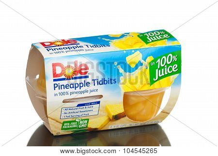 MIAMI, USA - February 9, 2015: Dole Pineapple Tidbits in 100% Pineapple Juice, 4 oz, 4 count.
