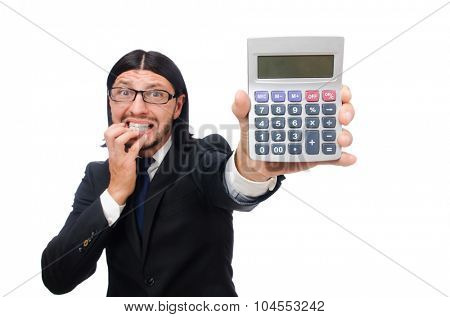 Man with calculator isolated on white