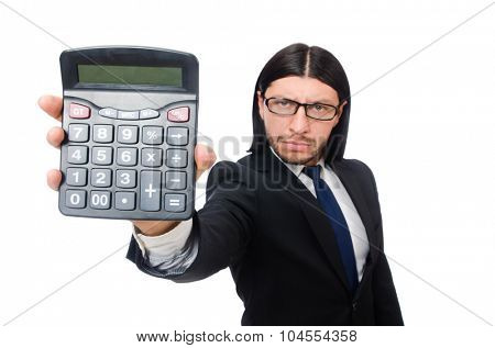 Man with calculator isolated on white