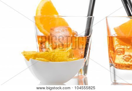 Hot Tacos Chips In Front Of Two Glasses Of Spritz Aperitif Aperol Cocktail With Orange Slices And Ic