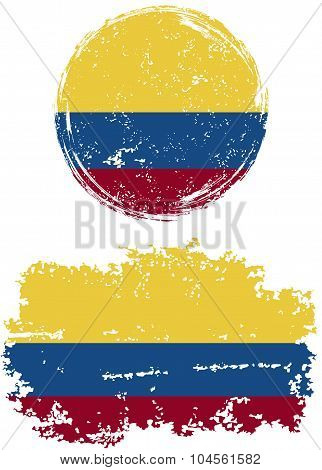 Colombian round and square grunge flags. Vector illustration.
