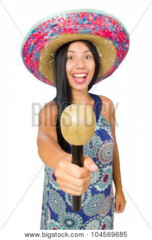 Young attractive woman wearing sombrero on white