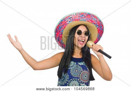 Young attractive woman wearing sombrero on white