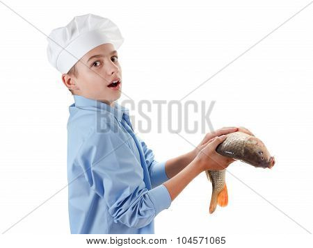 Chef Holding A Fish Carp On White Background
