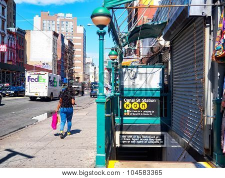 NEW YORK,USA - AUGUST 21,2015 : Entrance to Canal Street subway station at Chinatown in New York City