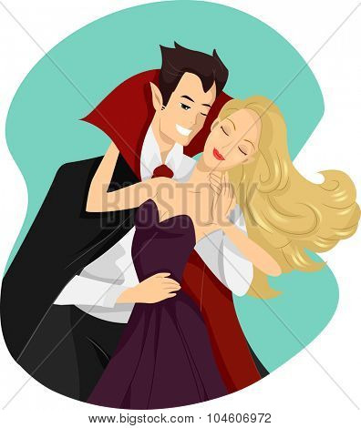 Illustration of a Suave Vampire Biting a Girl