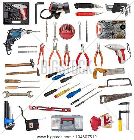 collage with ariety of building tools isolated on white background