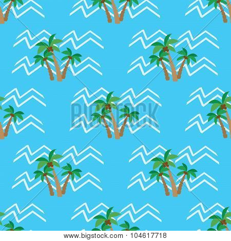 Seamless Pattern  Tropical Coconut Palm Trees And Waves