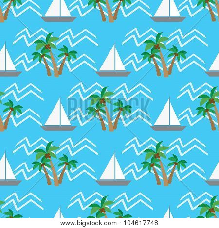 Seamless Pattern  Tropical Coconut Palm Trees And Waves