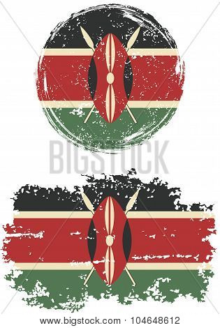 Kenyan round and square grunge flags. Vector illustration.