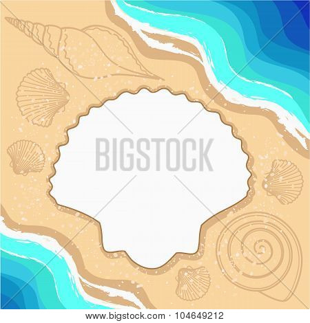 Summer background with shells, waves and frame for your text