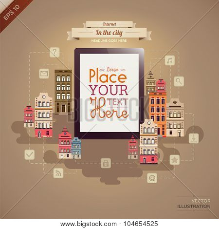 Tablet with retro city background.