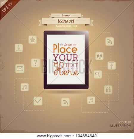Tablet with retro city background.