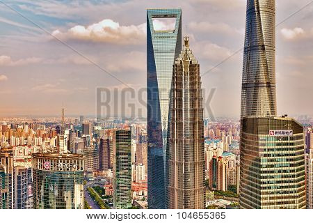 Shanghai, China- May, 24, 2015: Beautiful Skyscrapers, City Building Of Pudong, Shanghai, China.