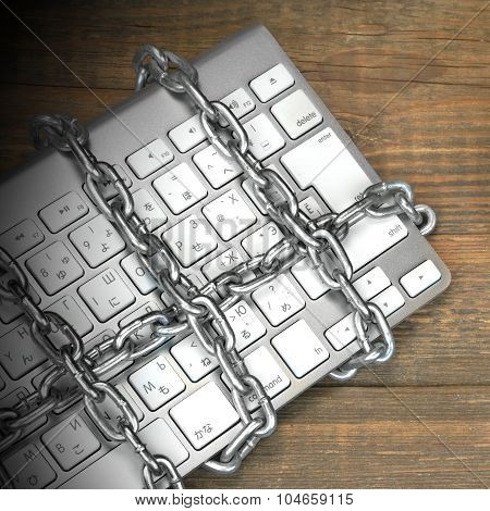 Cyber Crime Concept, Judges Gavel, Keyboard,  Chain On The Table