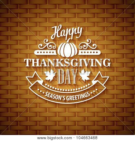 Thanksgiving typography  greeting card. Wicker basket texture. Vector illustration