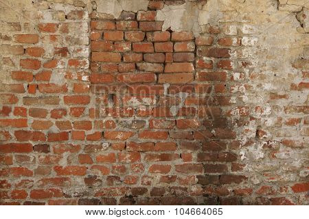 Old Red Brick Wall Background Texture With Immured Window