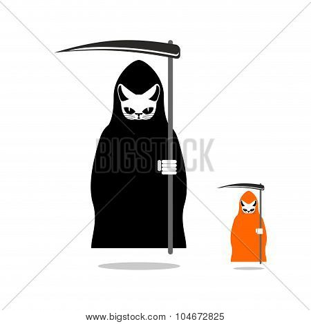 Cat Death In  Black Cloak And With Scythe. Death In Mice. Grim Reaper Pet.