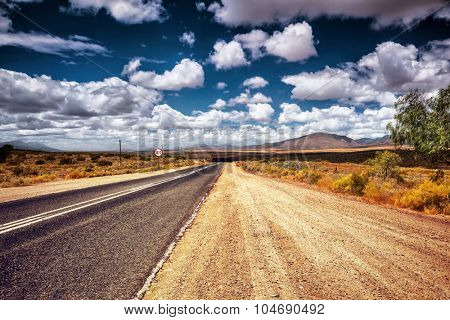 Freeway in the wild area, autobahn in countryside, sign of speed limit, road trip travel in South Africa