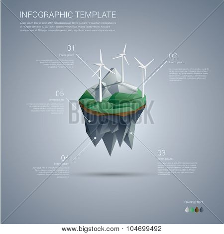 Wind farm on floating island. Renewable energy industry infographics template in modern low poly des