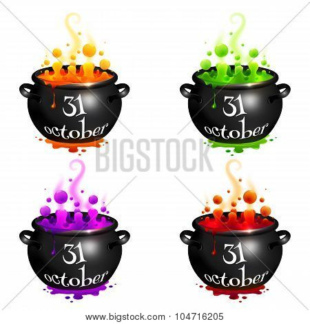 Set of witches cauldrons with colorful brew