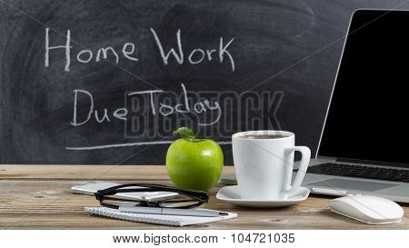 Desktop With Technology And Snacks For Teacher