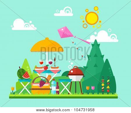 Flat summer picnic landscape: umbrella, basket with food, fruits, watermelon, barbecue.