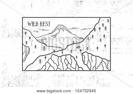 Mountain retro emblem. Graphic design for t-shirt.  Black print.