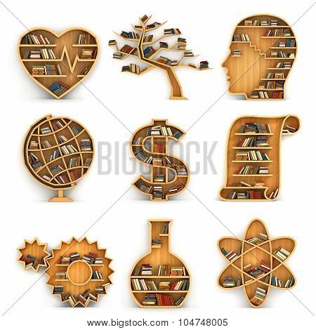 Set of bookshelves fullof books in the form of directions science. Concept of science.Biology ecolog