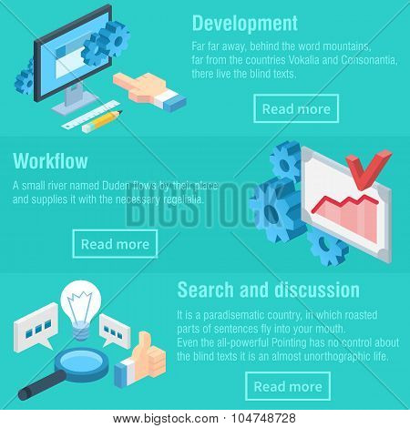 Vector isometric illustration of development, workflow and discussion process