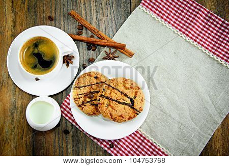 Coffee with Bakery on Woody Retro Background
