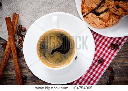 Coffee with Bakery on Woody Retro Background
