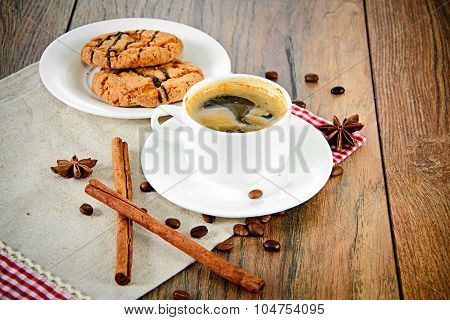 Coffee with Bakery on Woody Retro Background