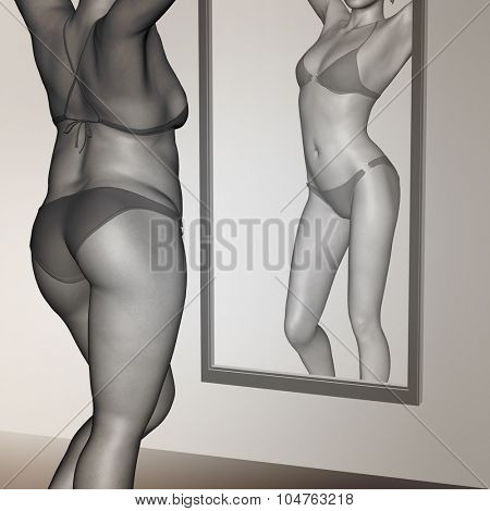 Concept or conceptual 3D woman, girl as fat, overweight vs fit healthy, skinny underweight anorexic female before and after diet over a mirror