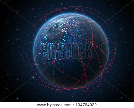 Planet With Illuminated Network And Light Trails